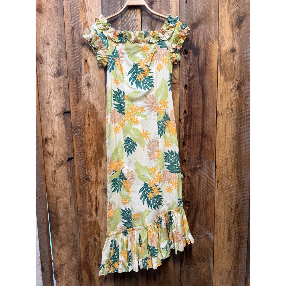 Vintage Women XS/S Hawaiian Tropical Maxi Dress Ruffle Luau Resort Aloha Coastal